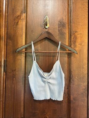 Light Blue Ribbed V-Neck Cropped Cami with Ruched Front